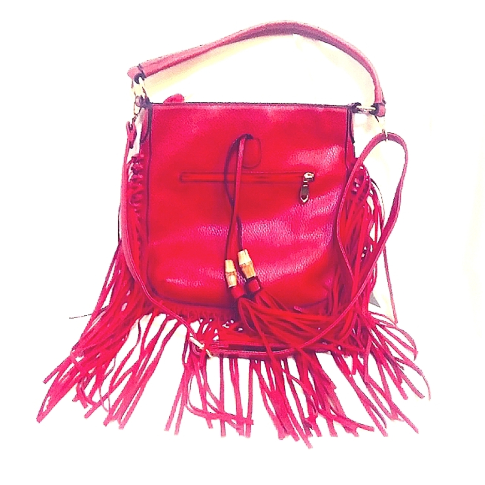 Red genuine leather fringe shoulder/crossbody bag